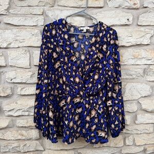 Faith and Joy Blue Leopard Print Blouse Crossover Top